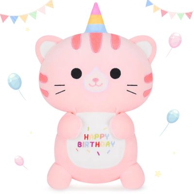 Achwishap Unicorn Cat Plush Stuffed Animal,Kawaii Birthday Cat Plush Toys-14 Happy Birthday Gifts Cute Plushies,Soft Pink Kitten Plushie Huggging Pillow,Cuddly Animal Plushie Doll for Kids Adults