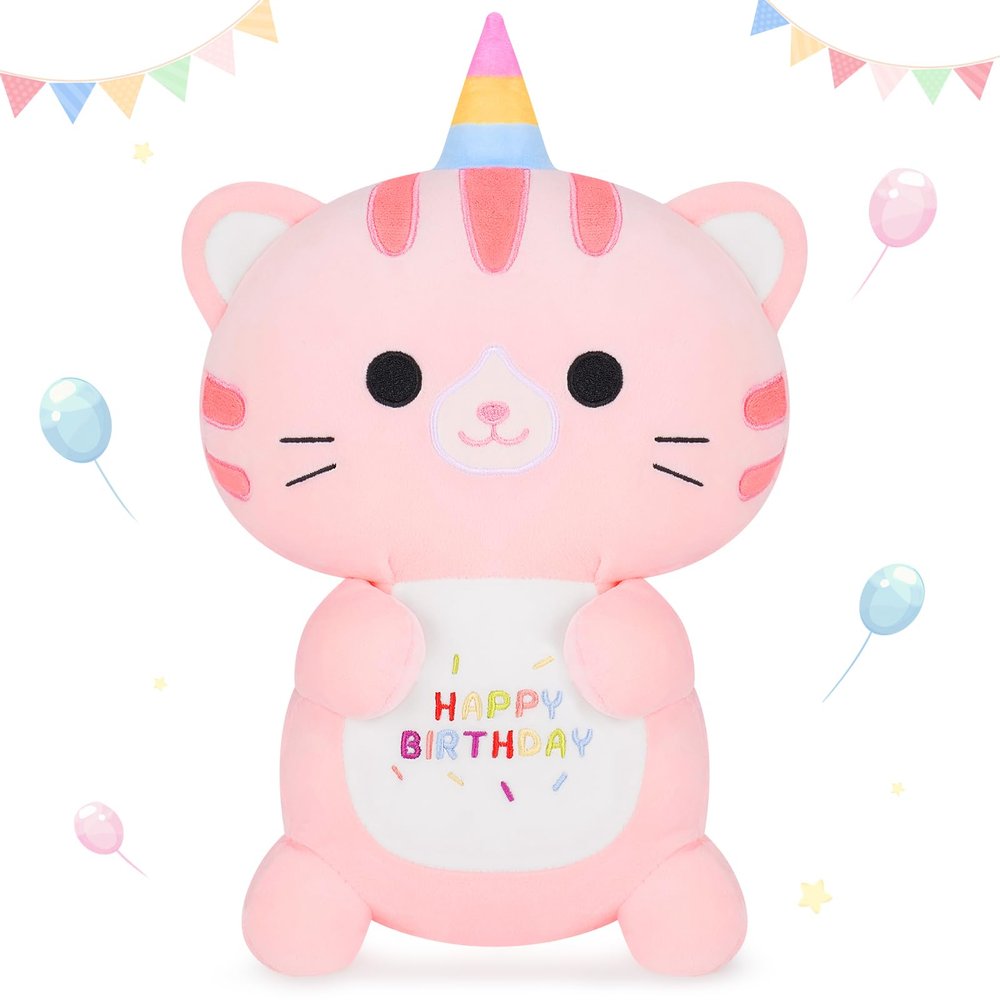 Achwishap Unicorn Cat Plush Stuffed Animal,Kawaii Birthday Cat Plush Toys-14 Happy Birthday Gifts Cute Plushies,Soft Pink Kitten Plushie Huggging Pillow,Cuddly Animal Plushie Doll for Kids Adults