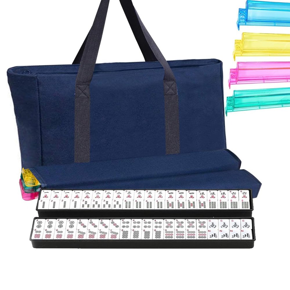 American Mahjong Set, 166 White Tiles with Blue Carrying Bag, Mahjong Tile Set With 4 All-in-One Rack/Pushers, Mahjong Set Complete Western Game, Gift for Mom, Player: Family, Office & Vacation Play