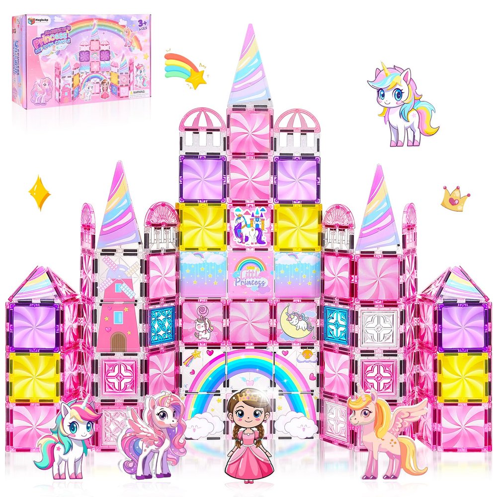 Diamond Magnetic Tiles Unicorns Princess Castle with Magnetic Art Decor Kit, Unicorn Toys for Girl 3 4-6-8, Magnet Tiles for kids 4-8 5 6 7+ Girl Gifts,Magnet Toys Include 5 Dolls,Rainbow,Candy,Decors