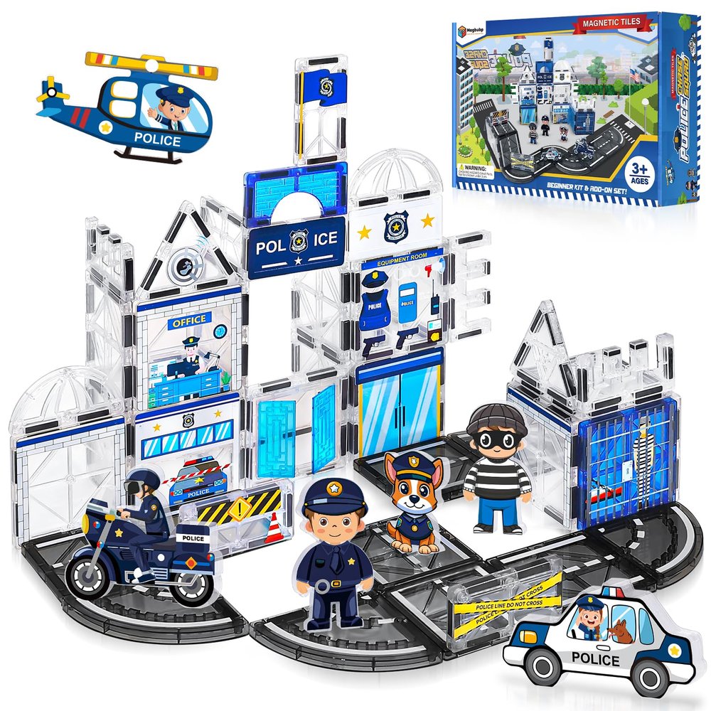 60PCS Police Station Magnetic Tiles Set with 6 Magnetic Dolls,Magnet Tiles Building Blocks for kids,Toy for Boys 3-5 4-8-12 Gifts,STEM City Police Toys Include Policeman,Puppy,Criminal,Vehicles,Prison