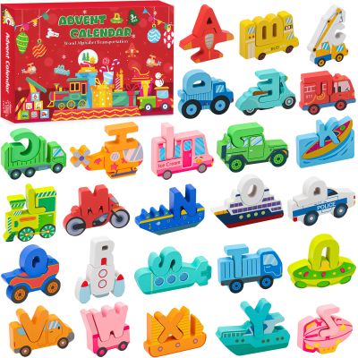 Advent Calendar 2025 Children, Wooden Alphabet Transport Puzzles for Toddlers, 52 ABC Letter Matching Game, 24 Days Christmas Countdown with Wooden Transport Puzzles Educational Toy for Boys, Girls