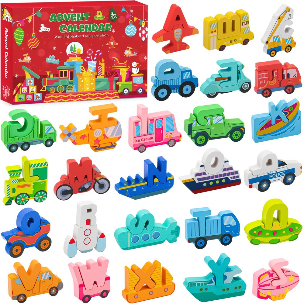 Advent Calendar 2025 Children, Wooden Alphabet Transport Puzzles for Toddlers, 52 ABC Letter Matching Game, 24 Days Christmas Countdown with Wooden Transport Puzzles Educational Toy for Boys, Girls
