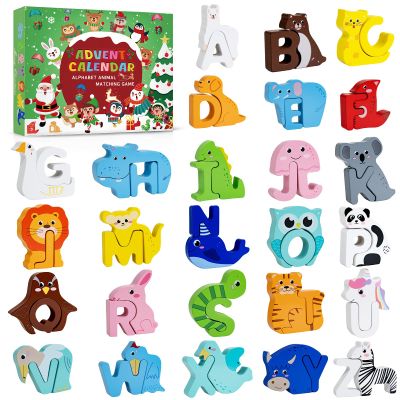 Advent Calendar 2025 for Kids, Wooden Alphabet Animal Puzzle for Toddlers, 52 Count ABC Animal Letter Matching Set, 24 Days Christmas Countdown with