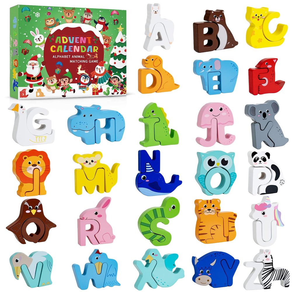 Advent Calendar 2025 for Kids, Wooden Alphabet Animal Puzzle for Toddlers, 52 Count ABC Animal Letter Matching Set, 24 Days Christmas Countdown with