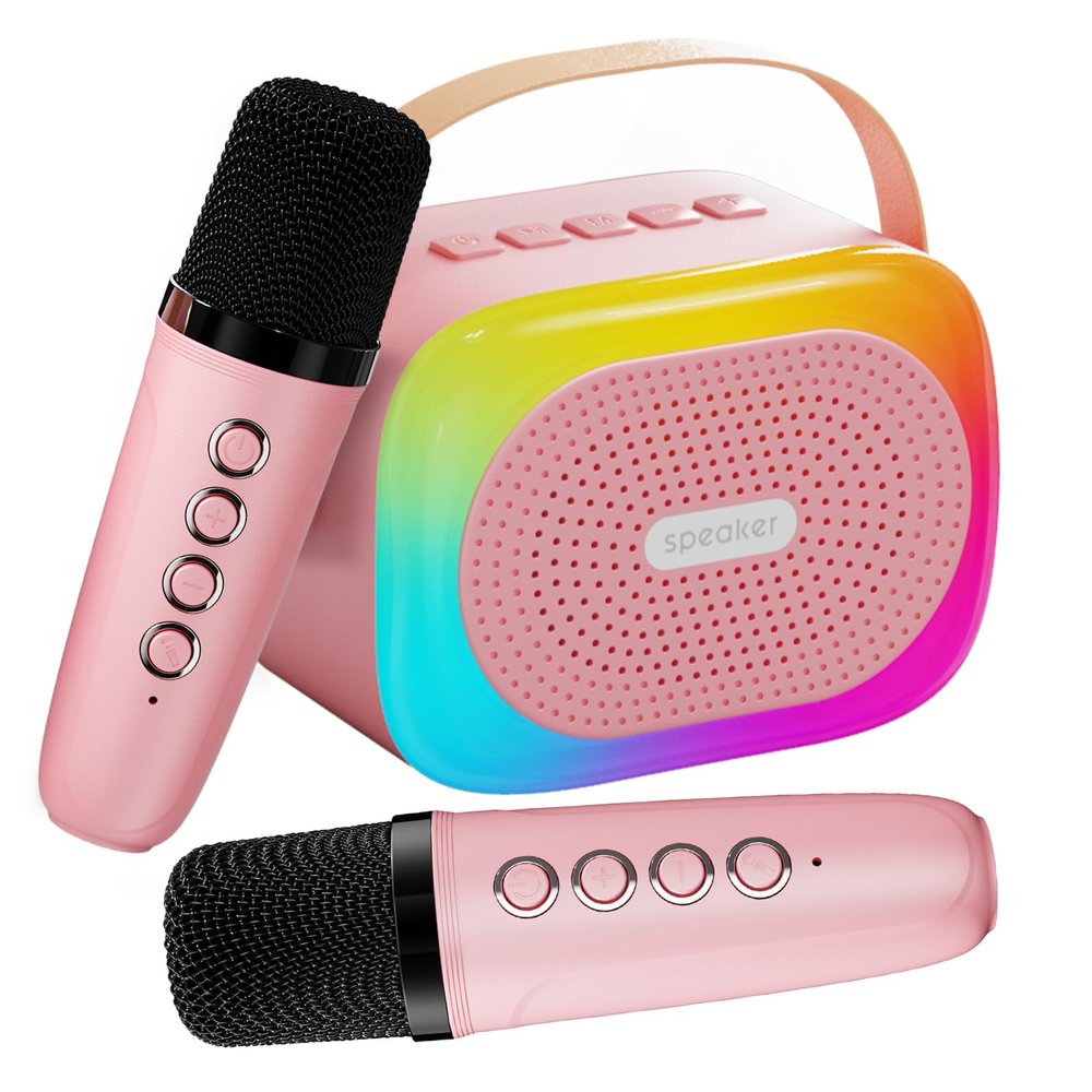 Mini Karaoke Machine for Kids Ages 3-12, Portable Bluetooth Speaker with 2 Wireless Microphone and LED Light Show for Kids 3 4 5 6 7 8 9 10 Year Old Girls Toys Birthday Gifts Toddler (Pink)