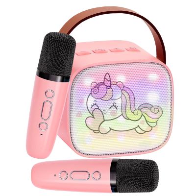 Mini Karaoke Machine for Kids Portable Karaoke Machine with 2 Bluetooth Wireless Microphones and LED Color Lights, Christmas Birthday Gifts Toys for Girls Boys (Pink)