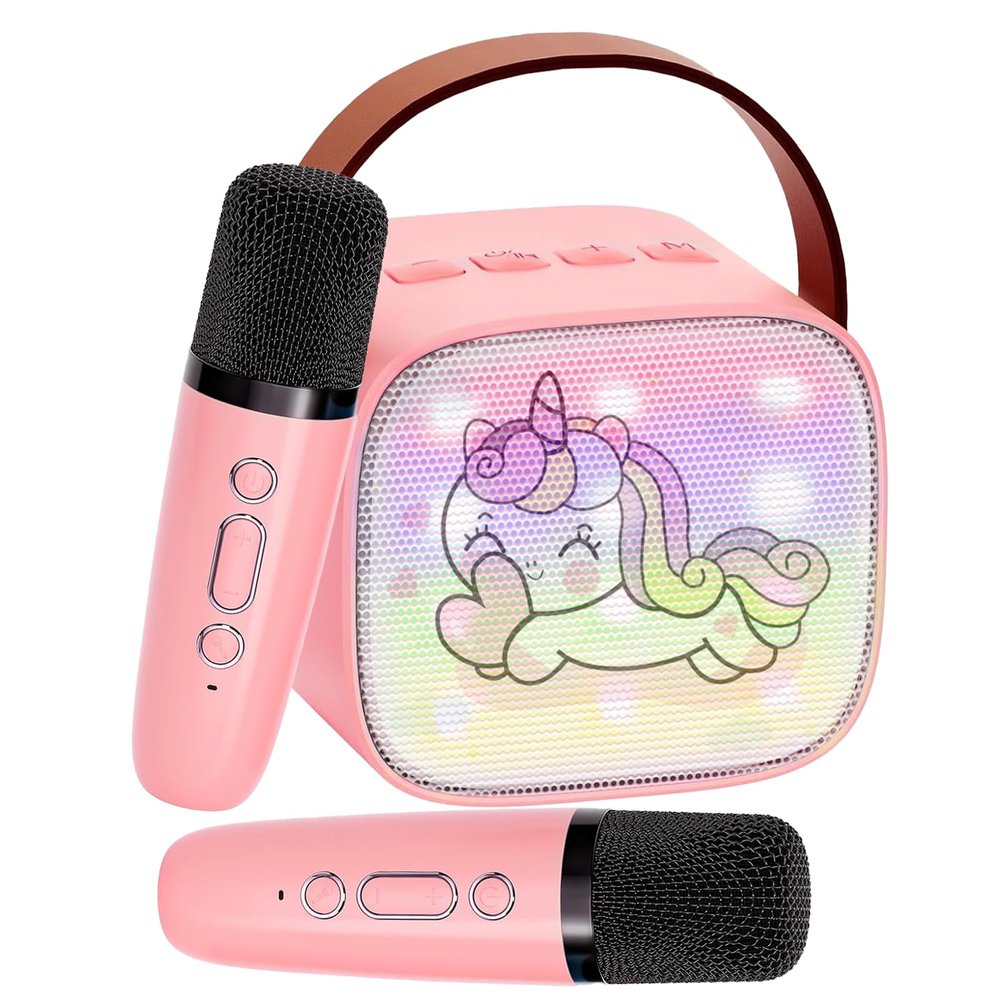 Mini Karaoke Machine for Kids Portable Karaoke Machine with 2 Bluetooth Wireless Microphones and LED Color Lights, Christmas Birthday Gifts Toys for Girls Boys (Pink)