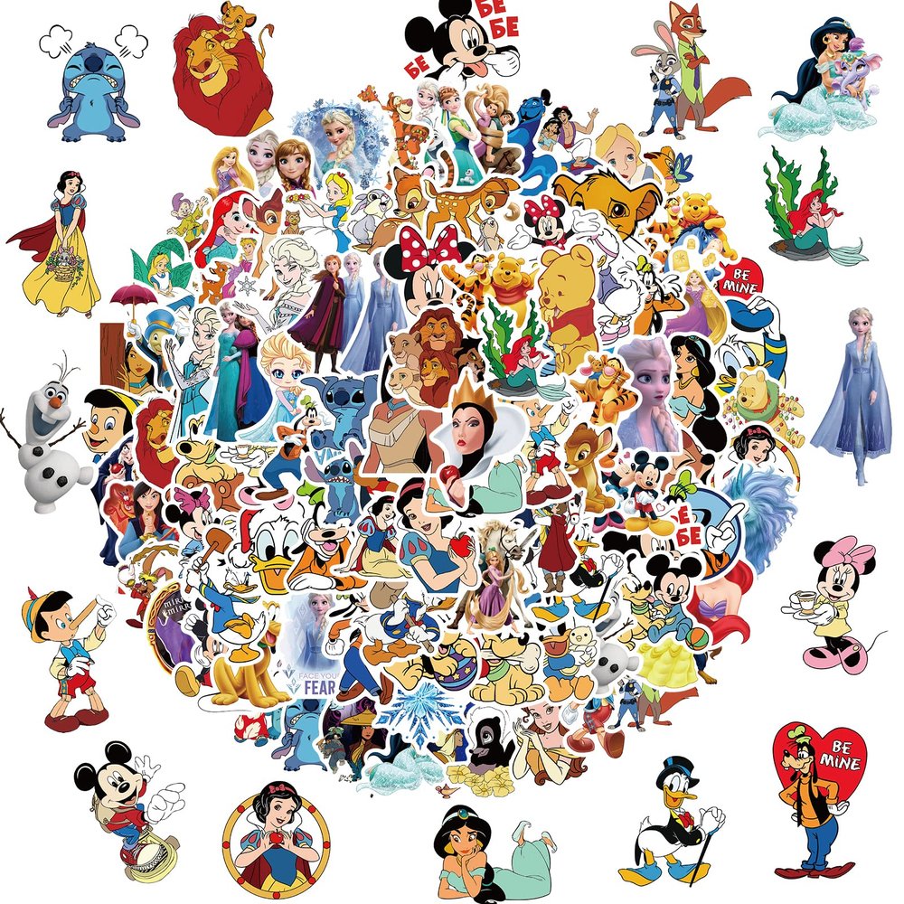 100pcs Disney Cartoon Stickers, Cute Waterproof Vinyl Decal for Teen Kids Adult Girl Notebook, Laptop, Travel Case, Phone, Bike, Water Bottle, Guitar, Computer, Skateboard