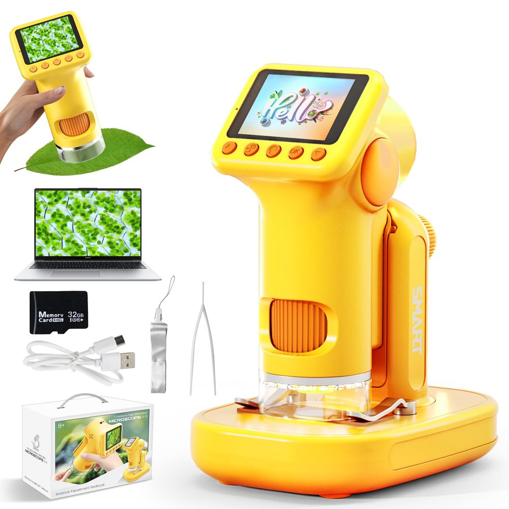 1600x Microscope for Kids, 2" Digital Screen Kids Microscopes, Handheld Pocket Microscope with Photo/Video, LED Light, 32GB, Slides, Rechargeable Portable Microscope for Boys Girls Ages 6,7,8-12