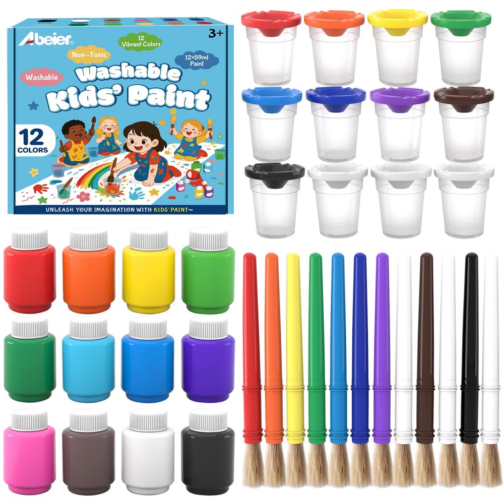 ABEIER Washable Kids Paint, Safe Non-Toxic Finger Paint, 12 Vibrant Colors(2 fl oz) with 3 Paint Brushes, Mess-Free Arts & Crafts Supplies for Toddlers & Grandkids, Ages 3, 4, 5