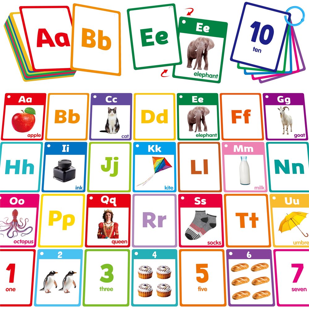 Alphabet & Number Flashcards, 36 Double-Sided Cards Uppercase & Lowercase Letter Cards, ABC, 123 & First Words Learning Cards for Preschool and Toddlers Learning (1 Reclosable Rings Attached)