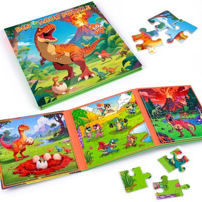3 in 1 Magnetic Dinosaur Puzzles for Kids Ages 3-5, 3x20 Pieces Puzzles for Toddlers 4-6, Car Airplane Road Trip Activities Magnet Games Toys for 3 4 5 6 Year Old Boys