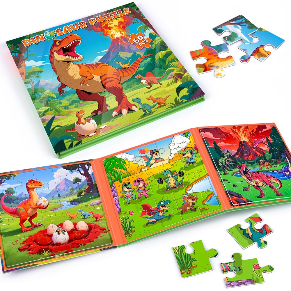 3 in 1 Magnetic Dinosaur Puzzles for Kids Ages 3-5, 3x20 Pieces Puzzles for Toddlers 4-6, Car Airplane Road Trip Activities Magnet Games Toys for 3 4 5 6 Year Old Boys