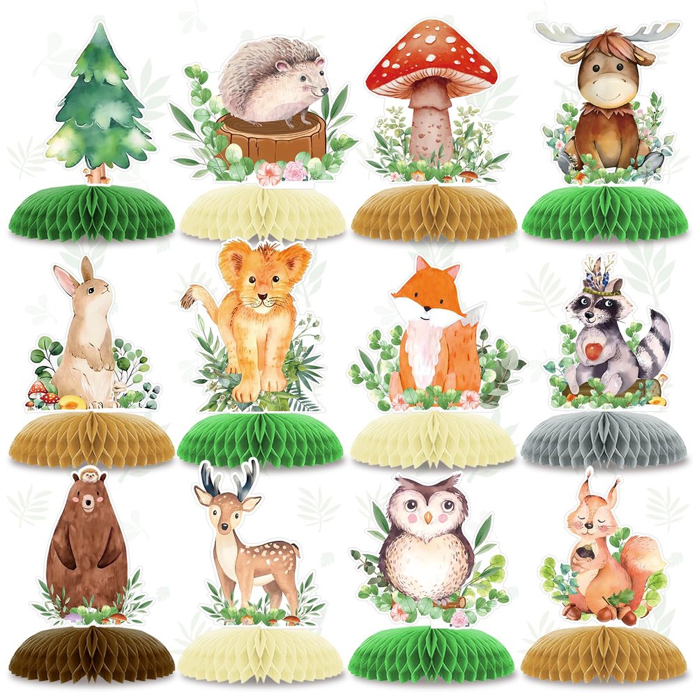 12Pack Woodland Animals Honeycomb Centerpieces 3D Table Topper - Forest Baby Shower Decorations Safari Jungle Wildlife Creatures Sage Green Theme Party Supplies Decor for Boy Girl Baby Shower