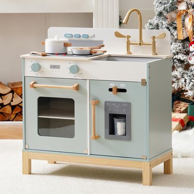 ROBOTIME Play Kitchen for Toddlers, Wooden Kids Kitchen Playset with Real Lights & Sounds/Ice Cube Dispenser, Pretend Play Montessori Toy, Gift for Ages 3+ (Blue)