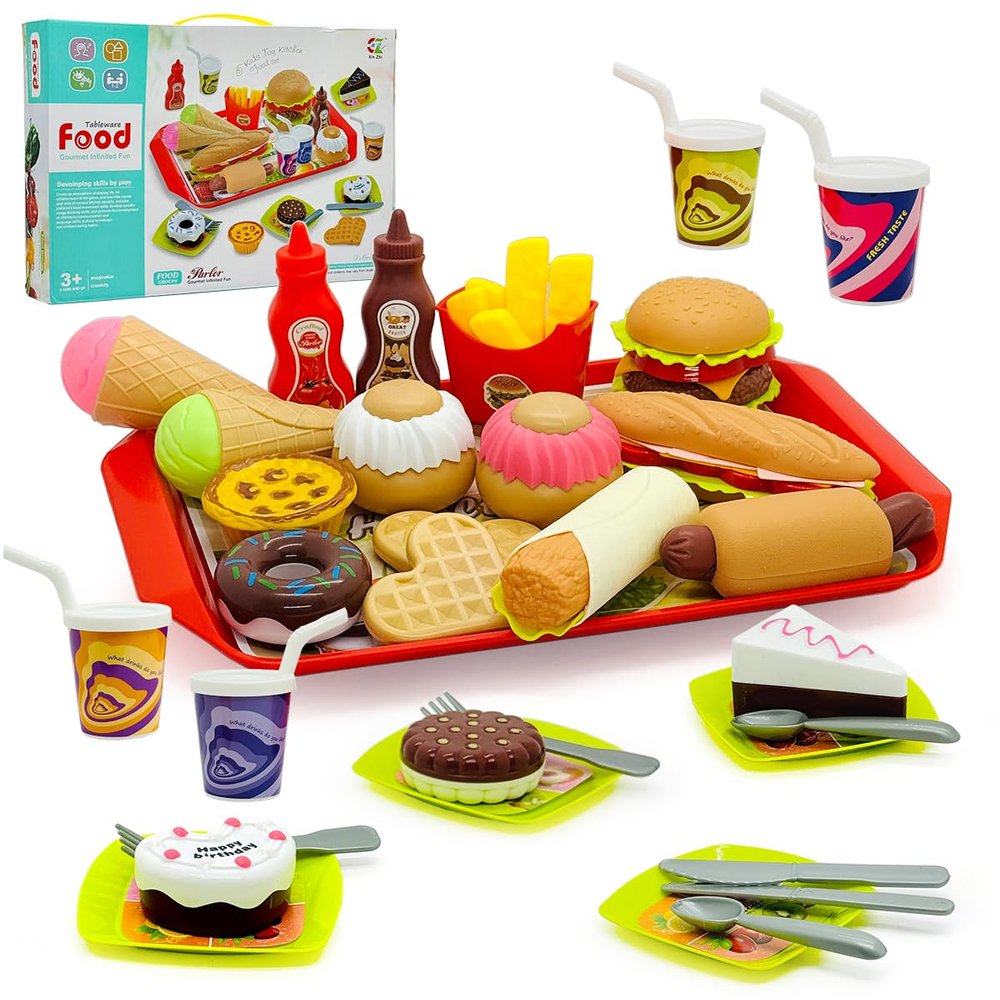 33Pcs Pretend Play Kitchen Food Set Dessert Play Food Toy set Hamburger Hot Dog Fries Drink with Tray Playset, Detachable Play House Kitchen Accessories Role Toys for Kids Boys Girls Ages 3+