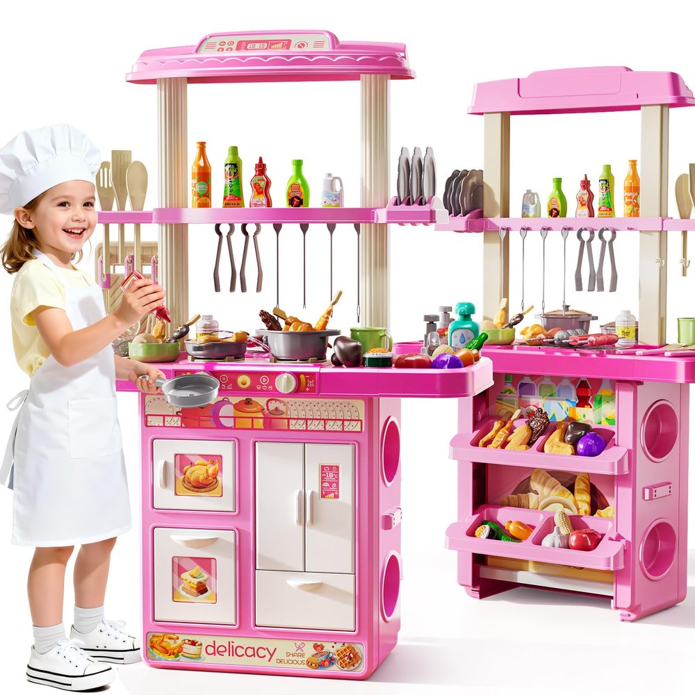 XINNOVEL Kids Play Kitchen Set, 2-in-1 Toddler Kitchen Playset with Sound & Light, Paly Sink with 60Pcs Play Food Toy and Kitchen Accessories, Kitchen Toys for Toddlers Kids Girls 3 4 5