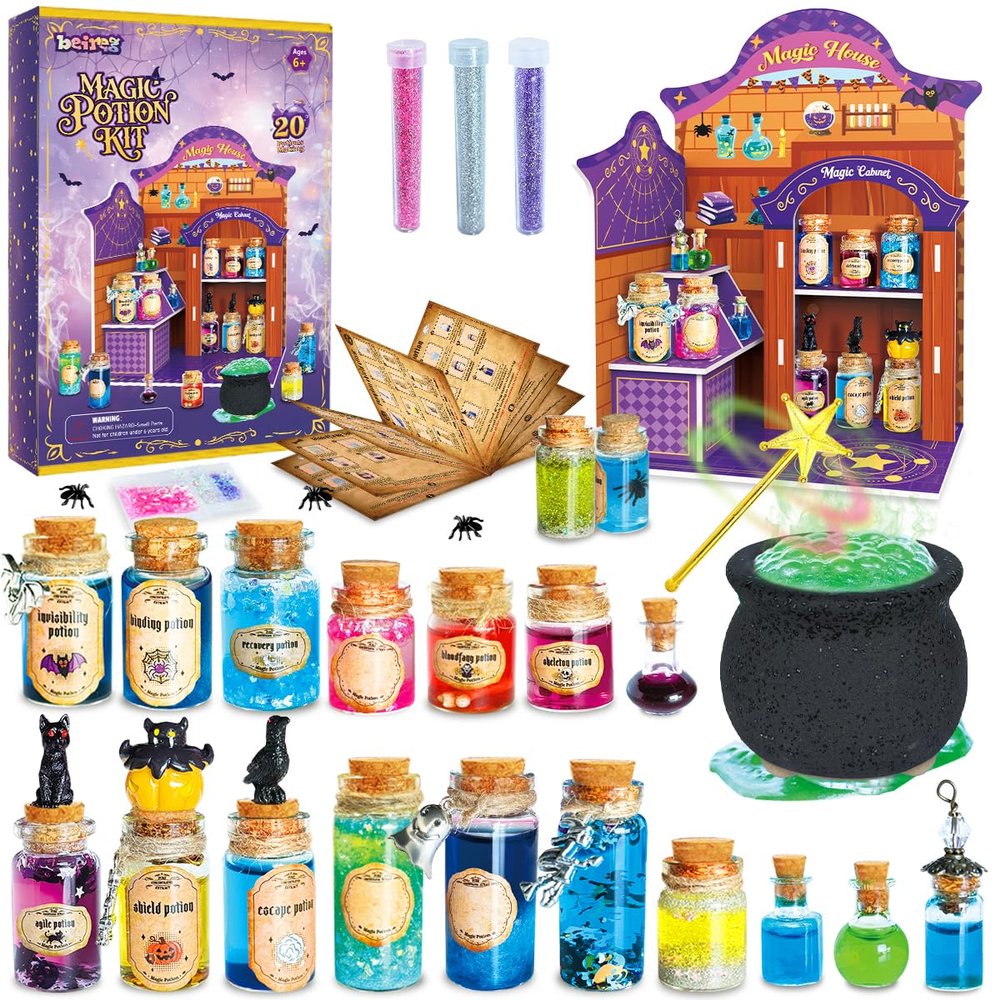 BEIREG Magic Potion Kits for Kids, Potion Making Kit with 20 Magic Mixed Potion Bottles & Witches Cauldron, Mystery House Craft for Christmas Halloween Crafts Gifts for Kids Girls 6 7 8 9 10+