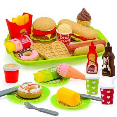 26PCS Pretend Play Kitchen Food Set - Dessert Toys with Hamburger, Hot Dog, Fries, Drink & Tray Detachable Play House Kitchen Accessories Role Play Toys Gift for Toddlers Boys Girls 3 4 5+ Years Old