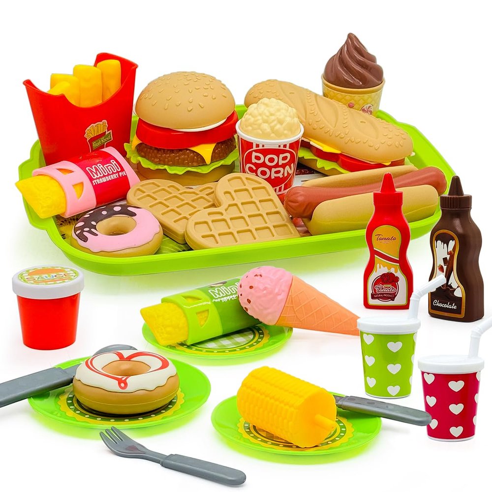 26PCS Pretend Play Kitchen Food Set - Dessert Toys with Hamburger, Hot Dog, Fries, Drink & Tray Detachable Play House Kitchen Accessories Role Play Toys Gift for Toddlers Boys Girls 3 4 5+ Years Old