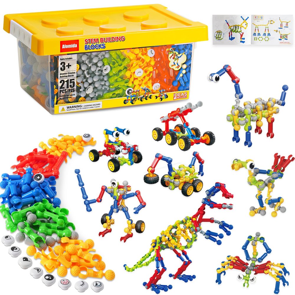 Afomida 215 PCS Creative Building Blocks Playset Toy - Featuring Storage, Includes Dinosaur, Robot, Car, Spider, Dog Figure, Learning Toy for Kids, Birthdays Gift for Kids, Boys and Girls Ages 4-7, 8+
