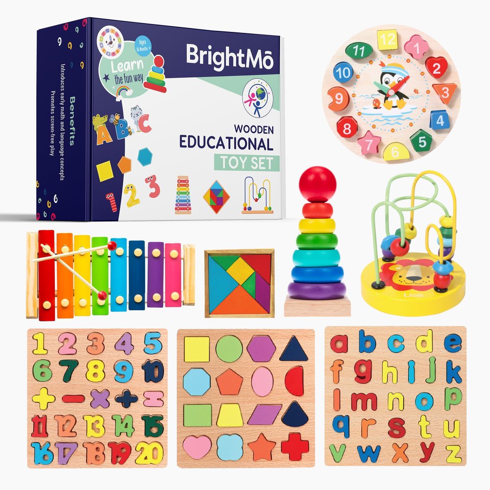 BrightM 8-in-1 Montessori Wooden Activity Toy for 3 Year Old Boys & Girls Alphabet, Numbers, Shape Sorting & Xylophone Preschool Educational Learning Set
