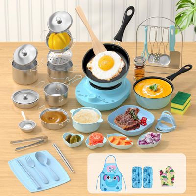 Gotoofun Kids Cooking Set Real for Ages 8-12, Real Mini Kitchen Tools with Stove Burner & Safe Knife, Montessori Cooking Toys for Boys & Girls, Easy Beginner Cooking Gift  Blue