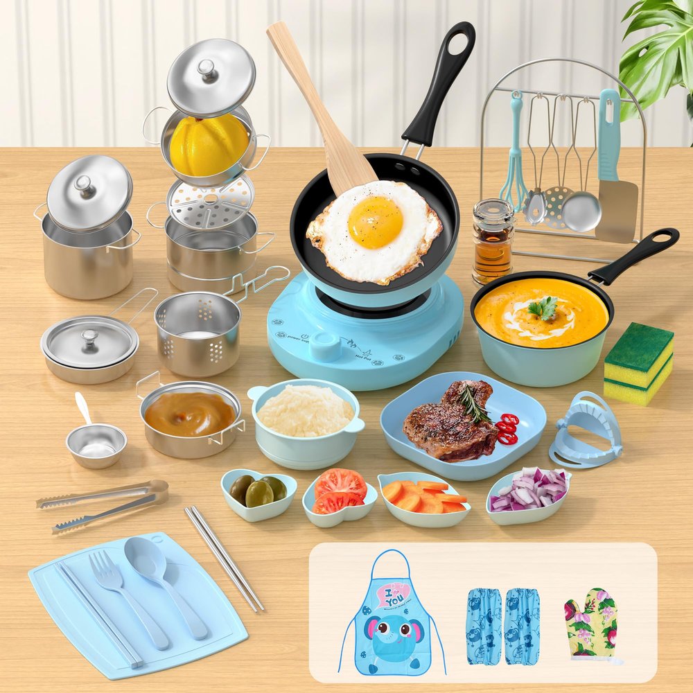 Gotoofun Kids Cooking Set Real for Ages 8-12, Real Mini Kitchen Tools with Stove Burner & Safe Knife, Montessori Cooking Toys for Boys & Girls, Easy Beginner Cooking Gift  Blue