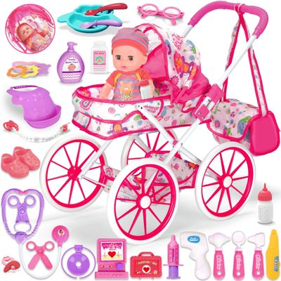 Baby Doll Stroller Toys Set, 12 Doll with Accessories, 28Pcs Baby Dolls and Stroller Set with Care Bag, Clothes, Baby Bottle, Realistic Pretend Play Toy for Girls 3-5, 4-6, 7 Years Old Toddler Gift