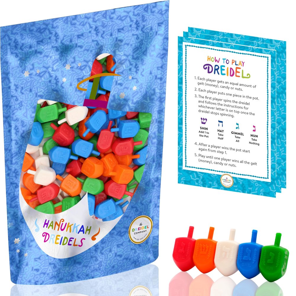 50 Pack Hanukkah Dreidels Multicolor Plastic Chanuka Draydels with English Transliteration, Includes Dreidel Game Instruction Card