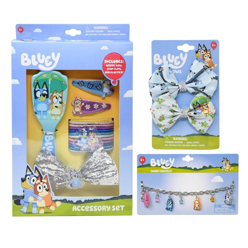 INCREDITOYZ Bluey Hair Accessories Bundle, 3 Items - Bows, Bracelet, Brush