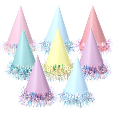 24 Pcs Iridescent Foil Pastel Rainbow Party Hats Colorful Birthday Party Cone Hats Pastel Paper Caps with Elastic String for Kids and Adults Birthday Baby Shower Bridal Shower Anniversary Decorations