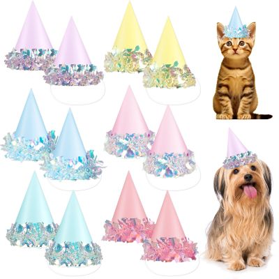 24 Pcs Iridescent Foil Pastel Mini Party Hats for Dog Cat Birthday Party Supplies Pastel Rainbow Small Puppy Birthday Hats Colorful Paper Cone Caps for Dolls Animals Pets Grooming Costume Accessories