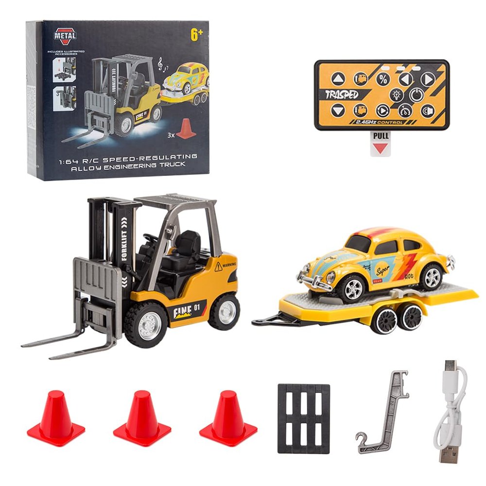 CRAFTLZ Mini Remote Control Forklift Truck for Adults, 1/64 Scale Alloy RC Forklift Truck with Wireless Controller, Cargo Hook, Forks and Pallet (Yellow)