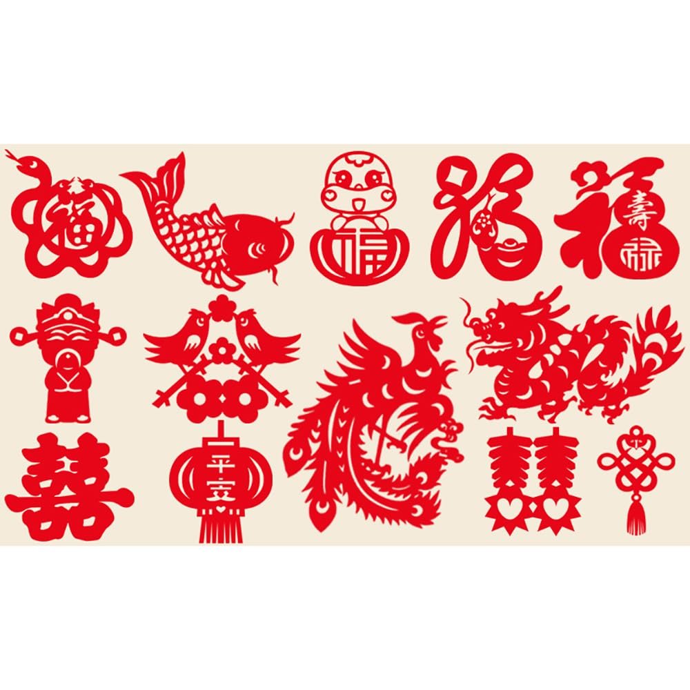 32PCS/80PCS Chinese Paper Cutting Kit, Red Fun Paper Art Crafts Kits for Window Decoration Spring Festival Chinese New Year Celebration Activity