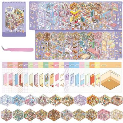 20 Sets 3D Sticker Scene Book with Tweezers,DIY 3D House Stickers,Make Your Own Miniature Room,Video Games City,Hotpot Restaurant,Library,Stress Relief Therapy for Adults to Relax and Pass The Time