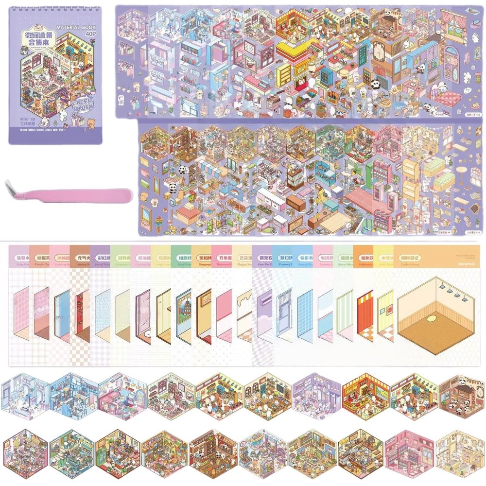 20 Sets 3D Sticker Scene Book with Tweezers,DIY 3D House Stickers,Make Your Own Miniature Room,Video Games City,Hotpot Restaurant,Library,Stress Relief Therapy for Adults to Relax and Pass The Time