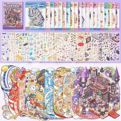 10 Sets Large 3D DIY Sticker Scene Book,Cartoon Mini Stickers for House,Magic Academy,Space Travel,Music Box, Relief Therapy for Adult Relief Stress Pass The Time Decoration Decal