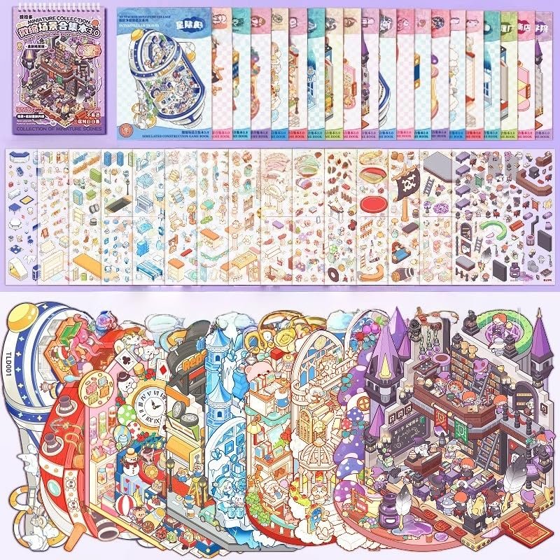 10 Sets Large 3D DIY Sticker Scene Book,Cartoon Mini Stickers for House,Magic Academy,Space Travel,Music Box, Relief Therapy for Adult Relief Stress Pass The Time Decoration Decal