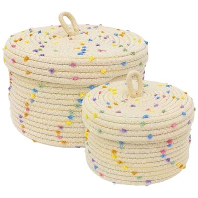 2PCS Round Basket with Lid, Cotton Rope Woven Boho Storage, 8x5"10x6" Round Decorative Rainbow Basket for Baby Room Snacks Toys