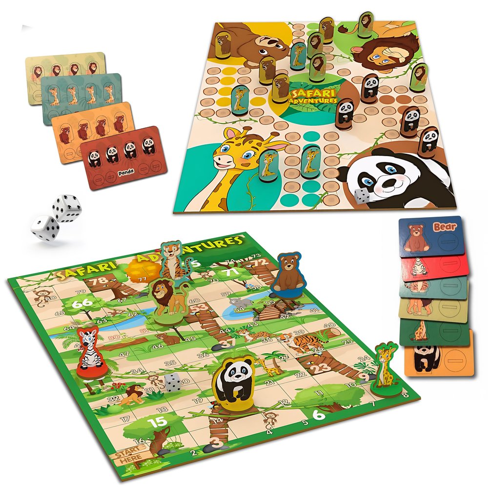 2-in-1 Wooden Board Games for Kids & Families Premium Wood Ludo Board Game & Snakes and Ladders Board Game | Classic Family Board Games Set with Dice & Pieces, Fun Educational Gift for Boys & Girls