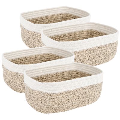 4-Piece Storage Shelf Basket Set, Natural Cotton Rope Woven Basket with Handle, Decorative Rectangle Organizer Bin for Home, Nursery, Montessori, Pet Toy Storage and Bathroom Organization, White&Brown