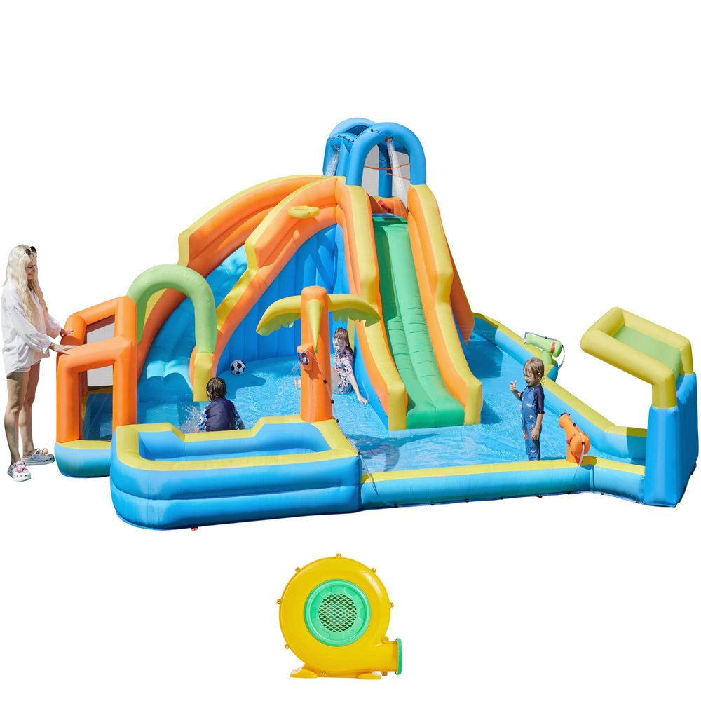 Yaheetech Inflatable Water Slide 11-in-1 Outdoor Blow Up Water Slide w/Storage Bag & 950W Blower, Bounce House w/ 2 Long Slides & Small Deeper Pool & Large Climbing Wall & Awning, Blue