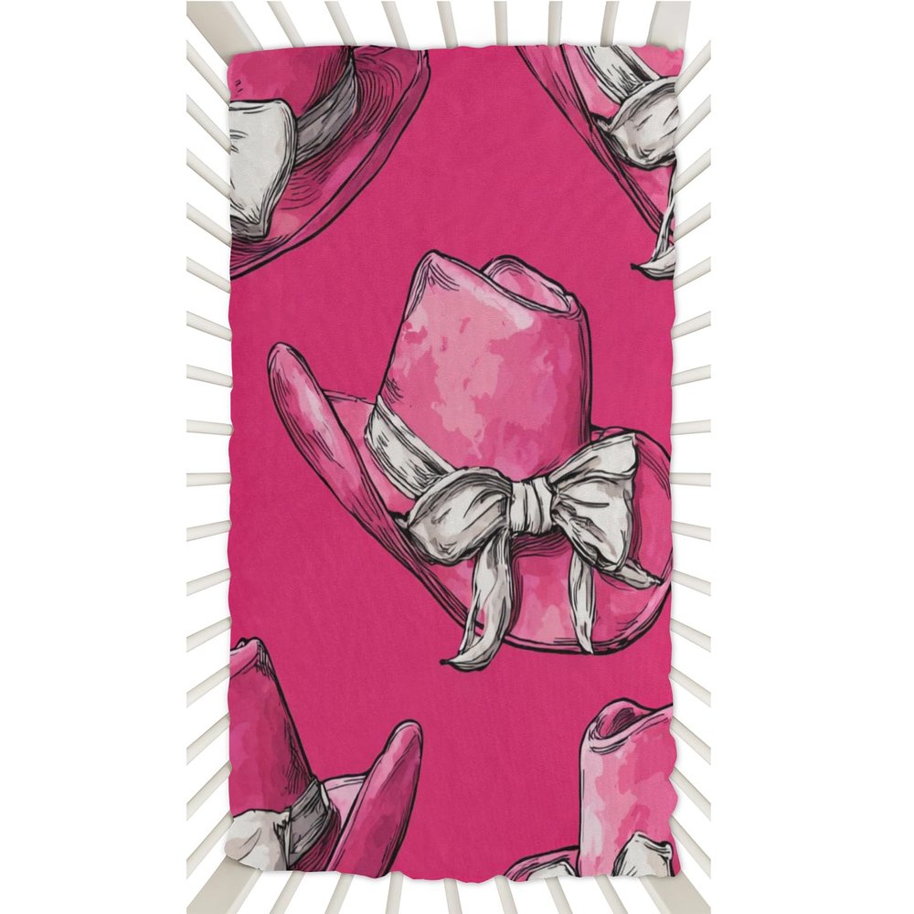 Xosoxruk Baby Crib Sheet Bow Cowboy Hat Pink Fitted Sheet for Boys Girls Microfiber Cradle Sheets Breathable Crib Cover Fit for Standard Mattress 52 x 28 in