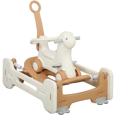 Qaba 5 in 1 Kids Rocking Horse for Toddlers, Toddler Spring Rocking Toy Balance Bike Push Cart with Detachable Base, Alpaca-Shaped Rocker with Safety Guardrails, Footrests, Push Handle, Brown