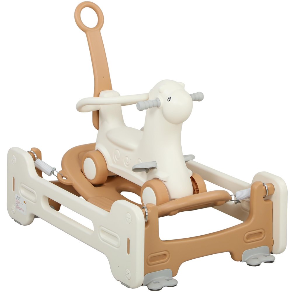 Qaba 5 in 1 Kids Rocking Horse for Toddlers, Toddler Spring Rocking Toy Balance Bike Push Cart with Detachable Base, Alpaca-Shaped Rocker with Safety Guardrails, Footrests, Push Handle, Brown