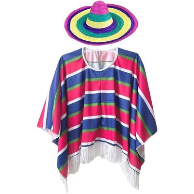 1set Children Mexican Ethnic Costume Cape with Straw Hat Mexican Fancy Dress Costume Party Stripe Cape for Masquerade Party