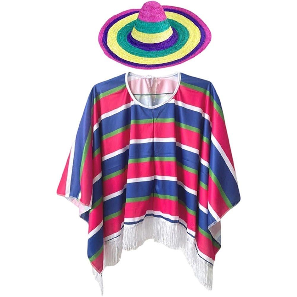 1set Children Mexican Ethnic Costume Cape with Straw Hat Mexican Fancy Dress Costume Party Stripe Cape for Masquerade Party
