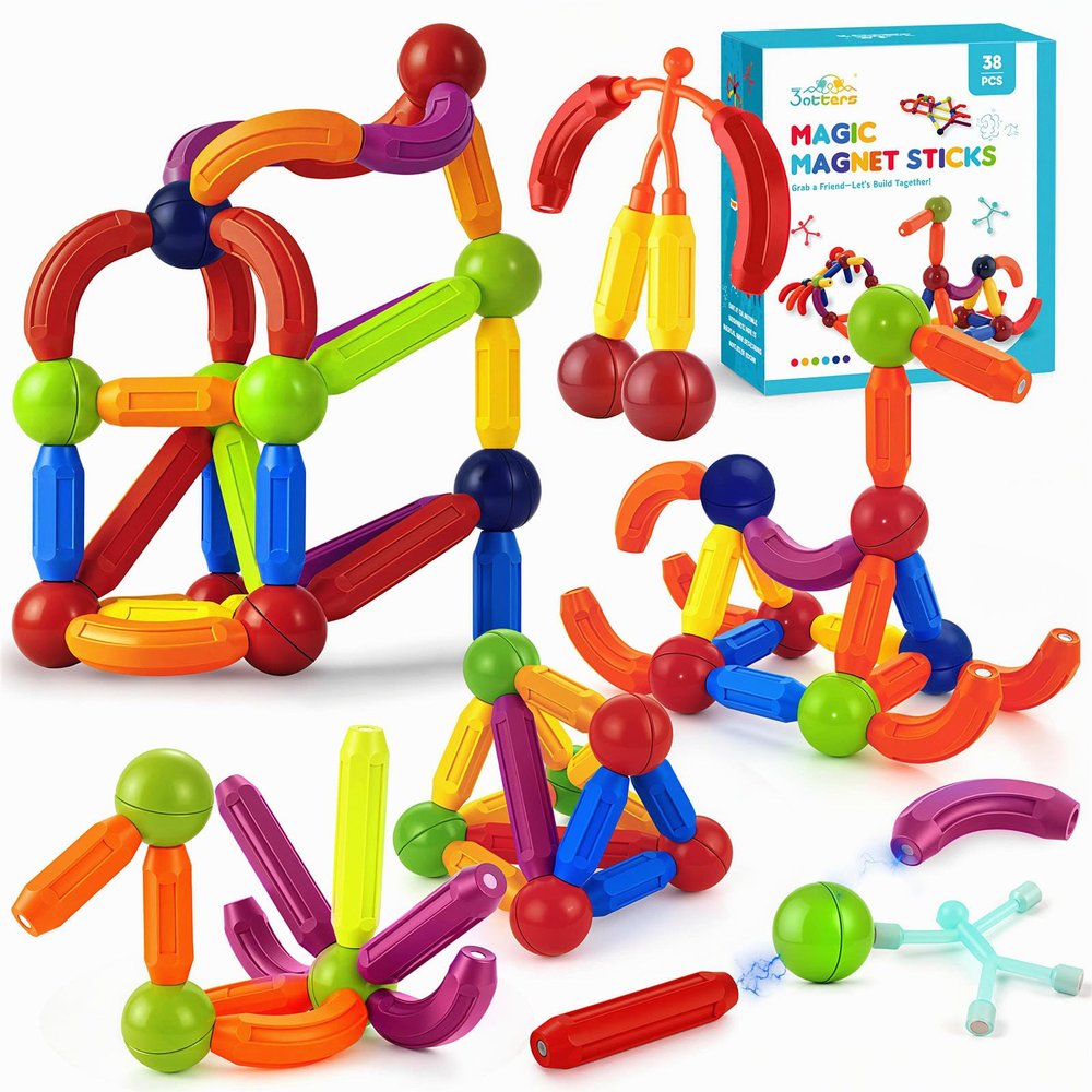 3 otters Magnetic Building Sticks, STEM Educational Toy for Kids Montessori Preschool Sensory Toys with 2 Magnetic People for Toddlers Boys Girls Birthday Gift Classroom Activities Christmas Party
